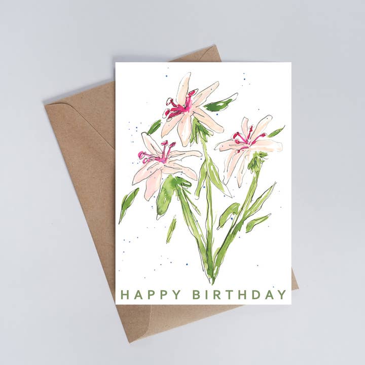 Happy Birthday Lillies Greeting Card for wholesale by Meza Studios LLC