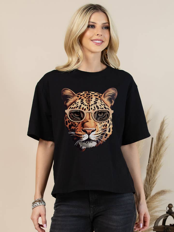 T1622-5985-Tabitha Fashion Jaguar Face Print Oversize Tee for wholesale by Nylon Apparel