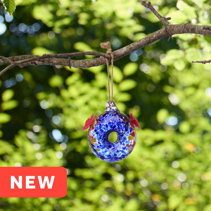 Round Blue Art Glass Double Hummingbird Feeder for wholesale by GeoCentral