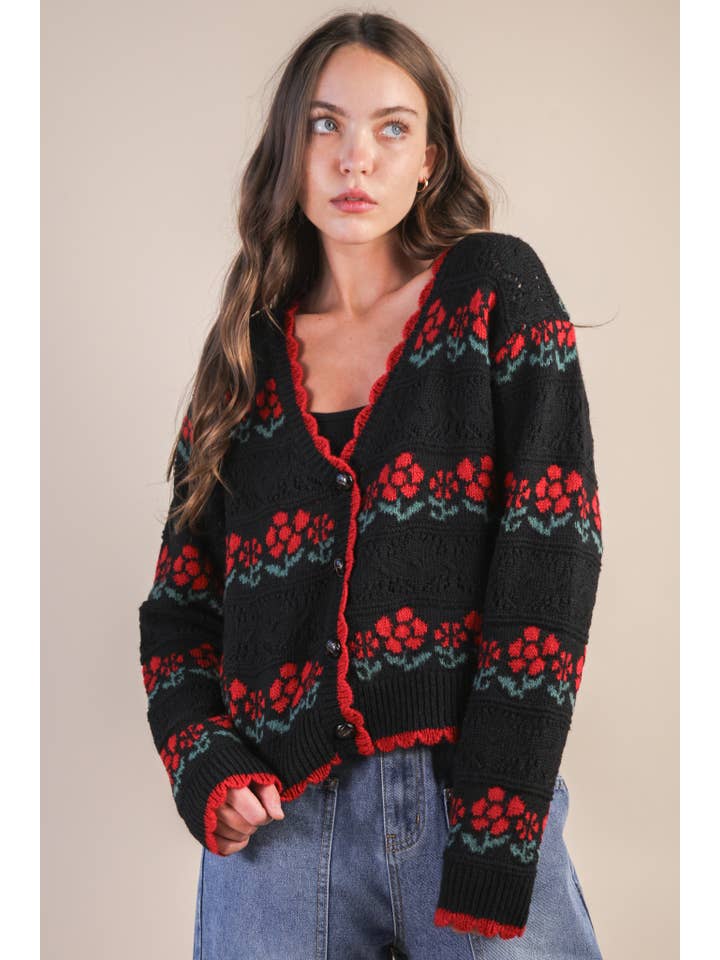 VERY J - Wholesale Cardigan - Women's - 12W3524N-Floral Graphic Detail Knit Sweater Cardigan