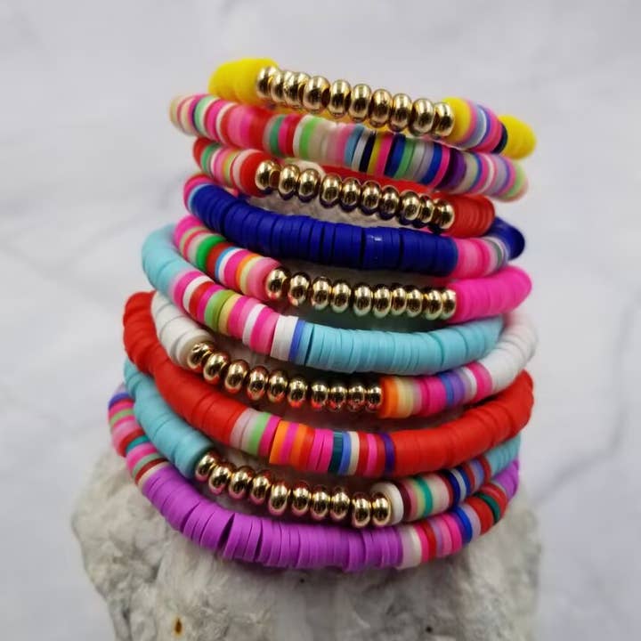 Gold Plated Heishi Beaded Stacking Bracelet - Set Of 10 for wholesale by The Pretty Jewellery