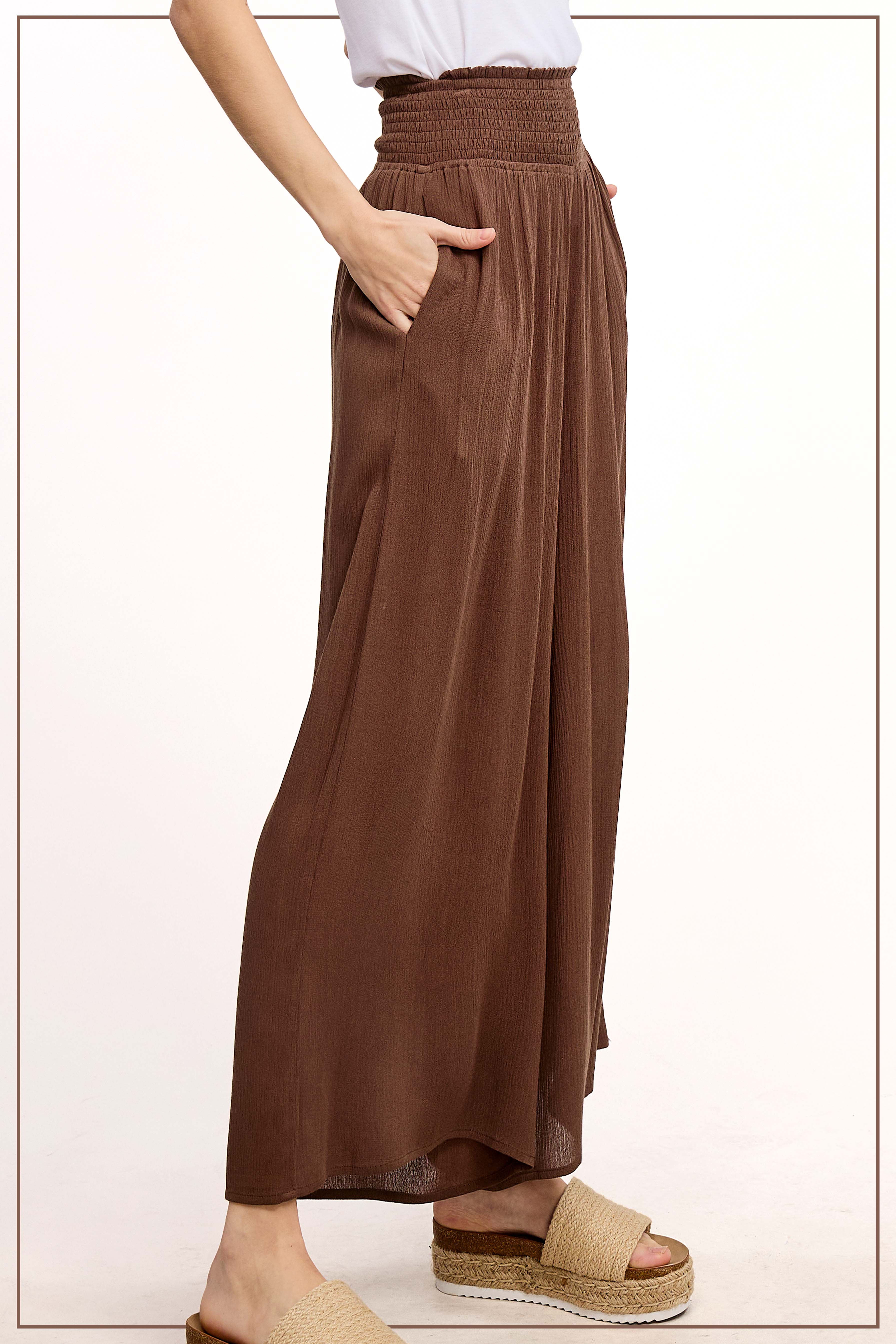 La Miel - Wholesale Pants - Women's - JCP4226-Wide Leg Smocked Elastic Waist Pants With Pockets2