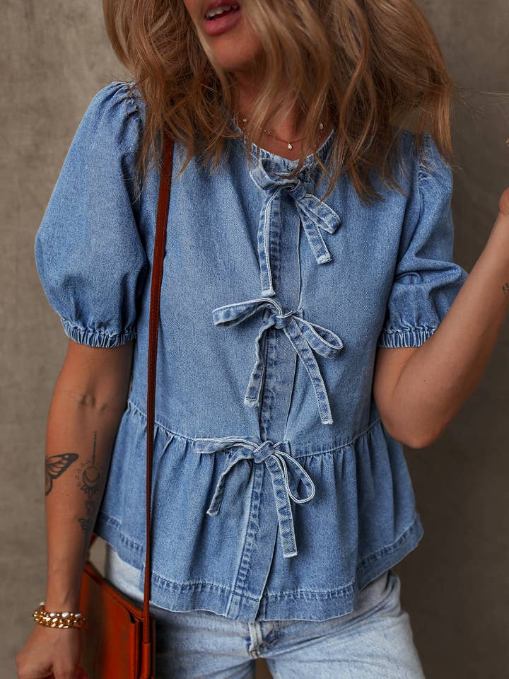 Denim Peplum Blouse for wholesale by White Lotus Clothing