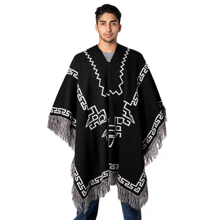Festival Uld Poncho Sort Hvid Geometrisk Print for engroshandel hos EcuadorStores