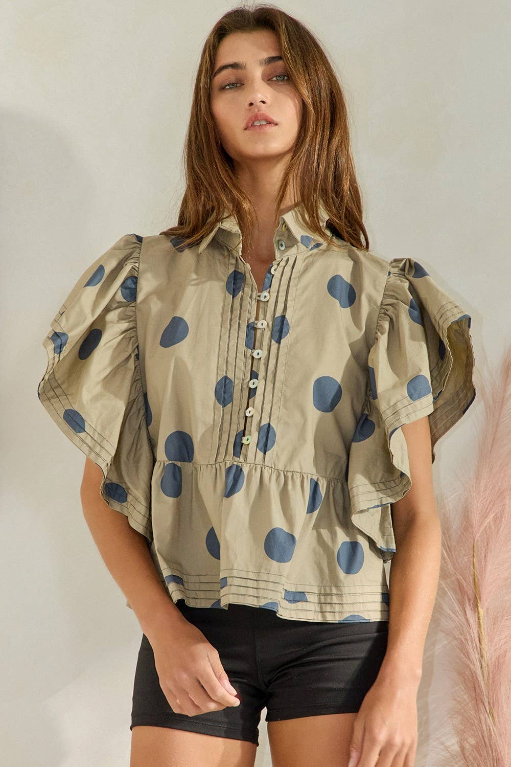 BUCKETLIST INC - Wholesale Blouse - Women's - IT2337 Ruffle Sleeves Pintuck Detail Polka Dot Print top28