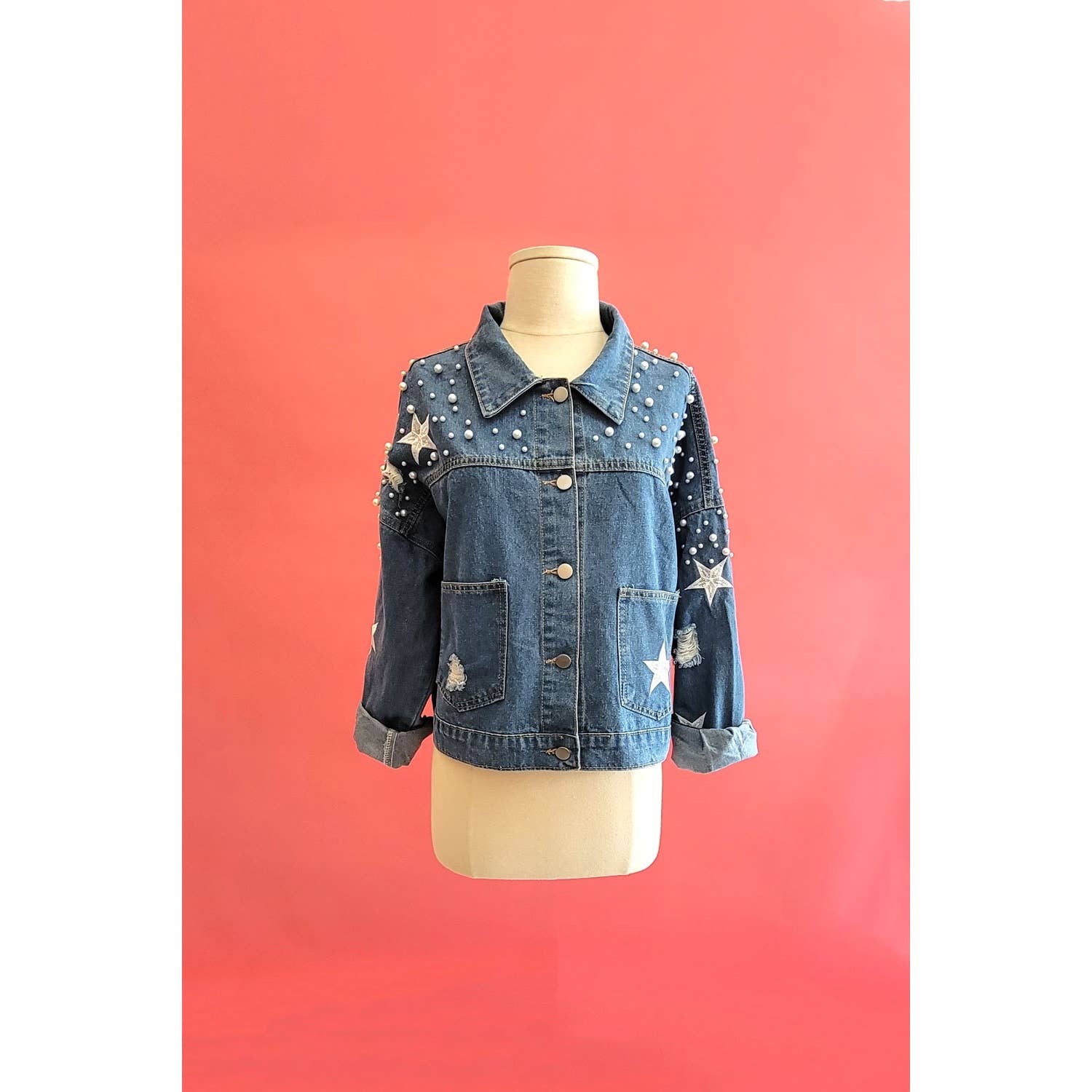 Mapcie - Wholesale Denim Jacket - Women's - STAR DETAIL RIPPED DENIM PEARL JACKET6
