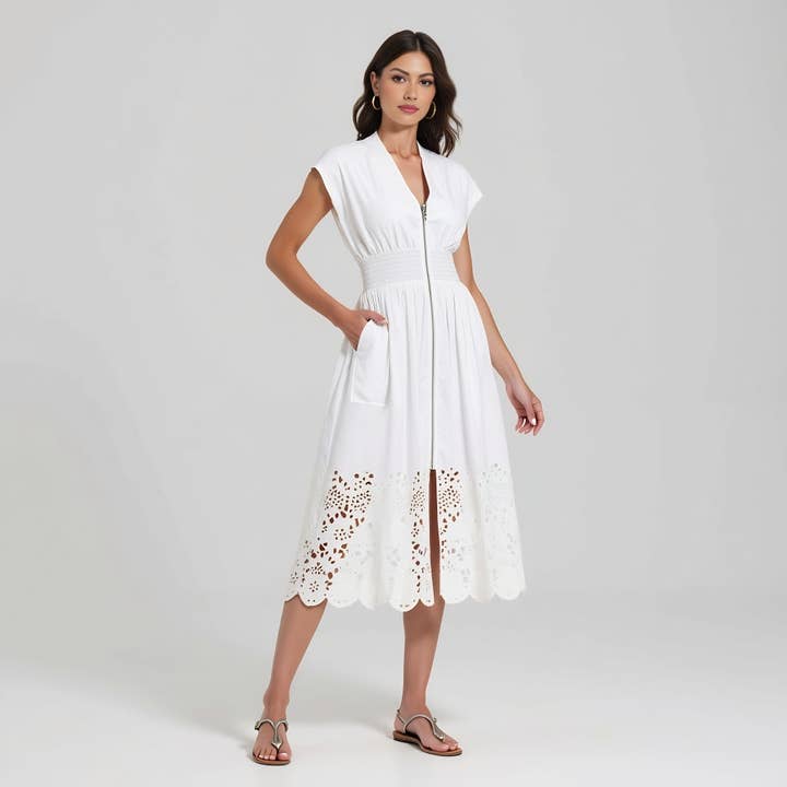 Midi Dress with Smocked Waist Front Zip and Eyelet Hem for wholesale by Modenaire