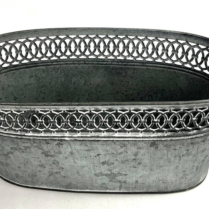 Jardinière ovale avec poignées en bois galvanisée 14 x 6,75 x 6,5 pour la vente par Lucknow Southern and Company
