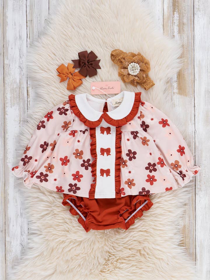 Maple Bloom Embroidered Bow Bloomers Outfit for wholesale by Marie Nicole Clothing