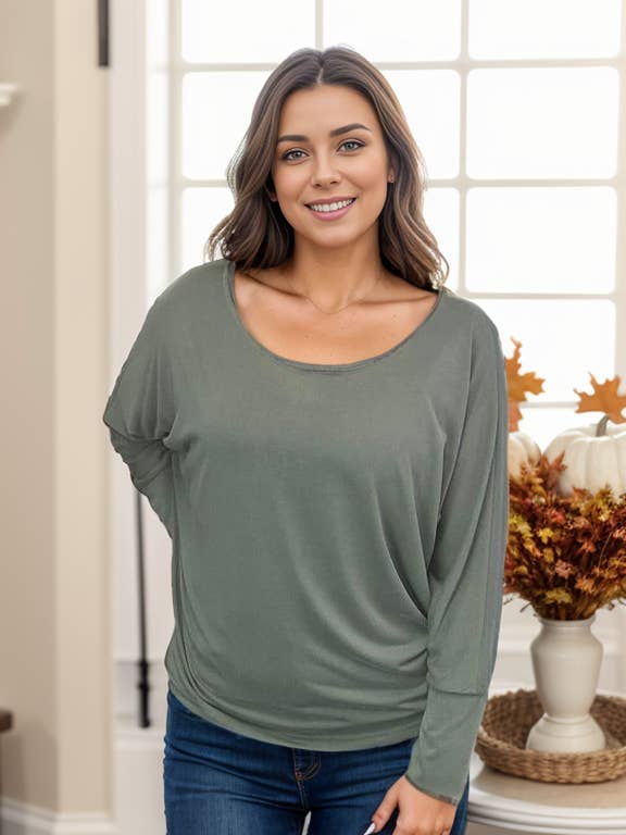 Dusty Olive Long Sleeve Dolman for wholesale by Boutique Simplifed