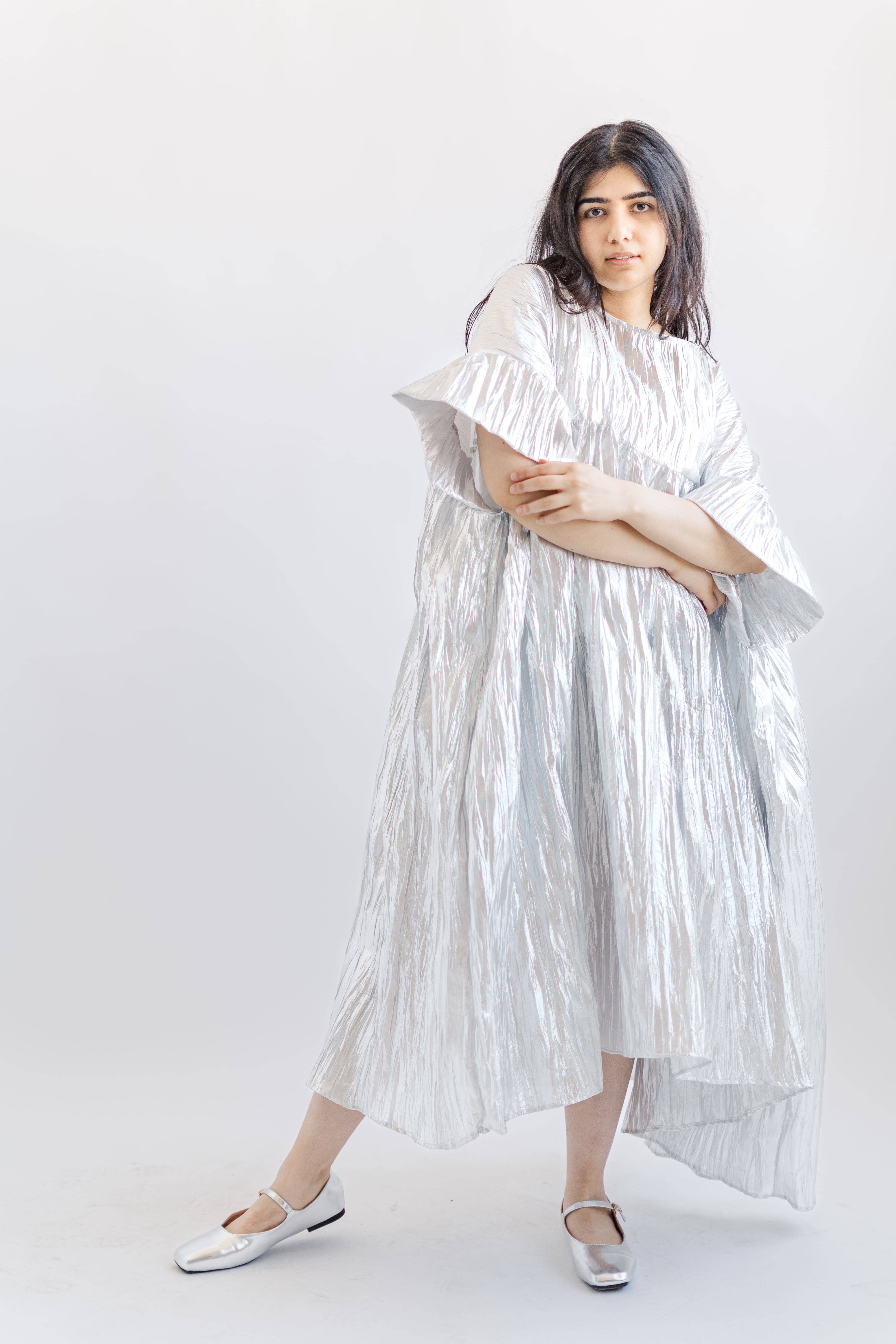 Nettle Studios - Wholesale Dress - Women's - Size Inclusive Plus Size Silver Metallic Ruffle Maxi Dress7