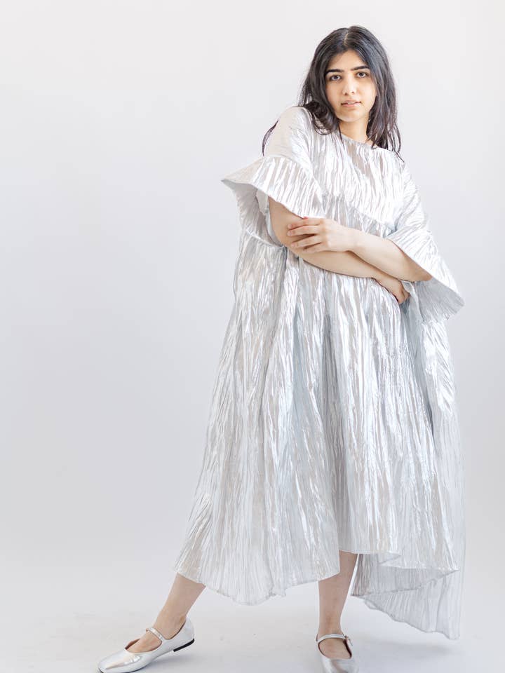 Nettle Studios - Wholesale Dress - Women's - Size Inclusive Plus Size Silver Metallic Ruffle Maxi Dress7