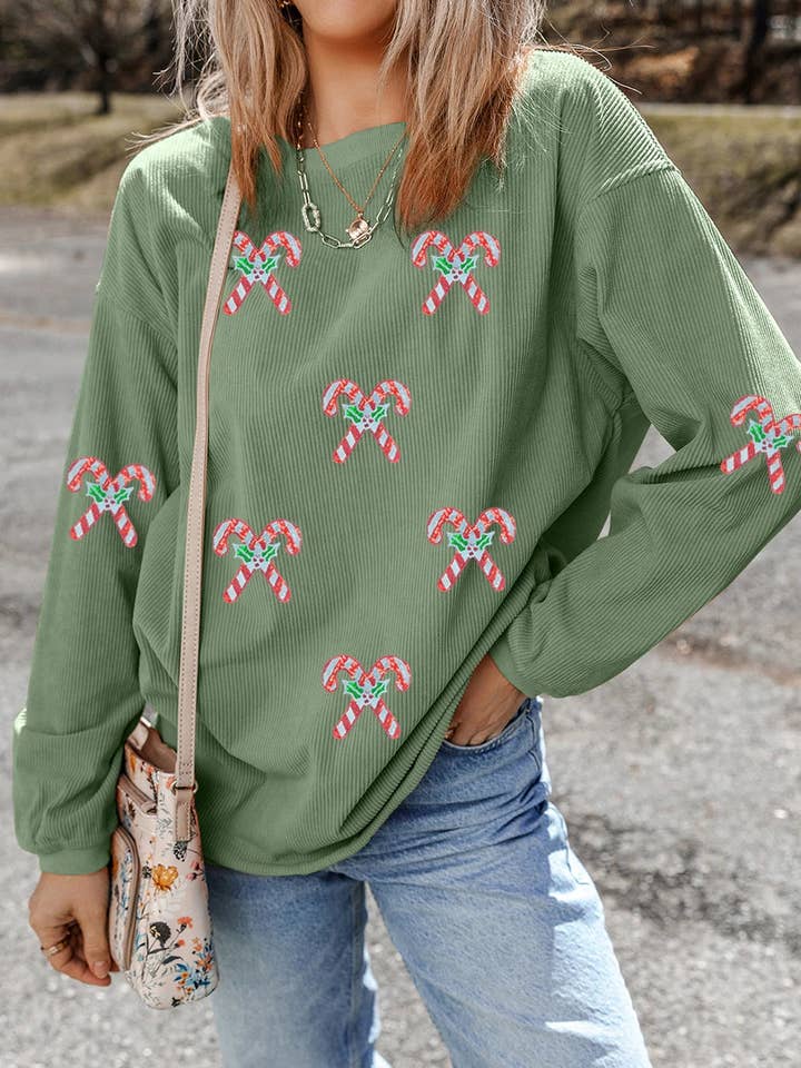 Grass Green Candy Cane Shimmer Patched Corded Baggy Sweatshirt for wholesale on Faire1