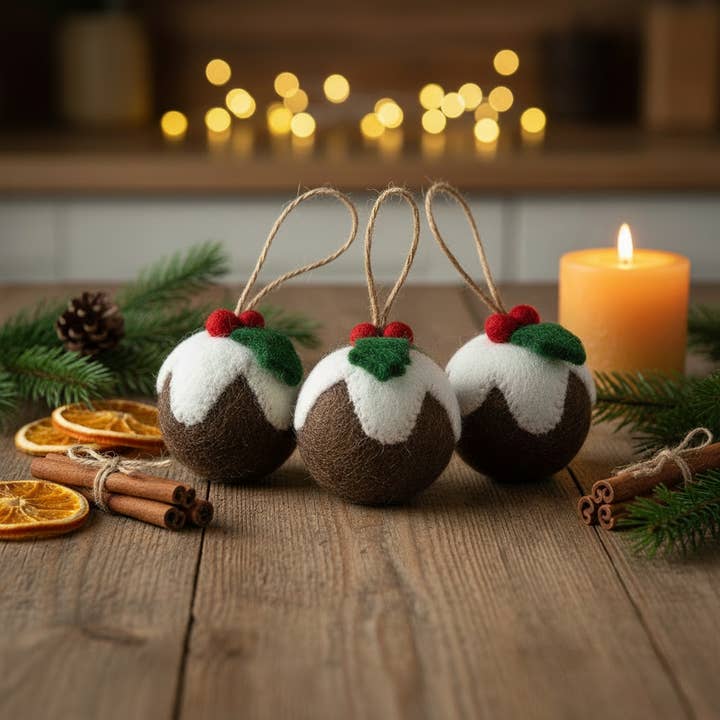 Handmade Felt Christmas Pudding Baubles Hanging Decoration for wholesale by Felt So Good