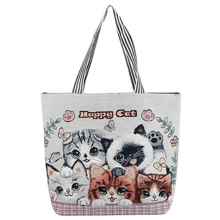 Diacly - Wholesale Tote Bag - Women's - Happy Cats Embroidery Eco Canvas Tote Bag