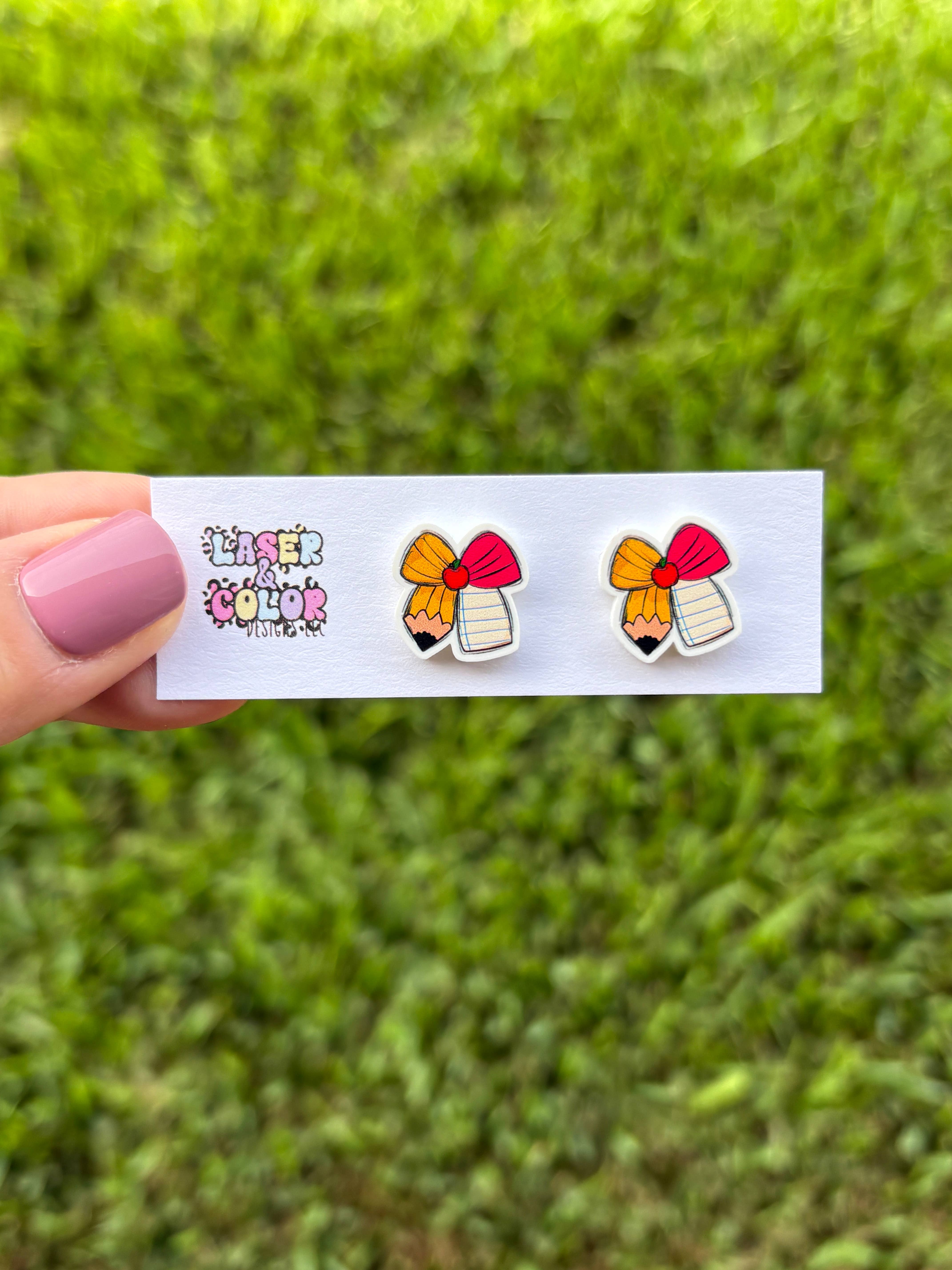 Laser & Color Designs LLC - Wholesale Stud/Post Earrings - Teacher Earrings, School Bow Earrings, Gift for Teacher1