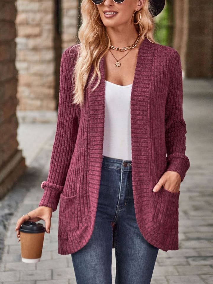 Wholesalesir - Wholesale Cardigan - Women's - Solid Pit Stripe Matte Casual Long Sleeved Cardigan Jacket3