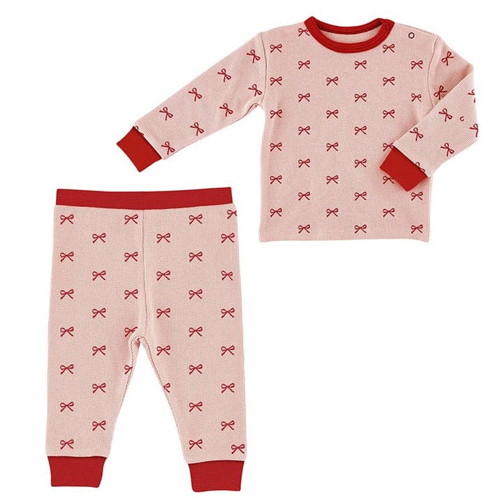 Waffle Knit Two-Piece Pajama Set - Red Bows for wholesale by Stephan Baby by Creative Brands