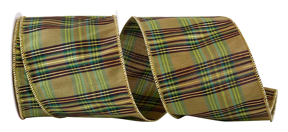 RELIANT RIBBON - Wholesale Ribbon - Gift Wrapping - Grandisimo Plaid Dupioni Wired Edge, Moss, 4 In, 10 Yards0
