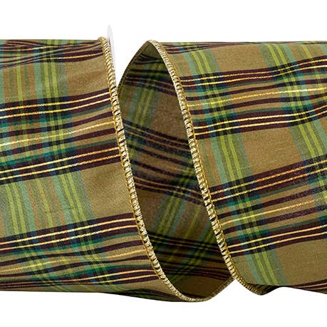 RELIANT RIBBON - Wholesale Ribbon - Gift Wrapping - Grandisimo Plaid Dupioni Wired Edge, Moss, 4 In, 10 Yards0