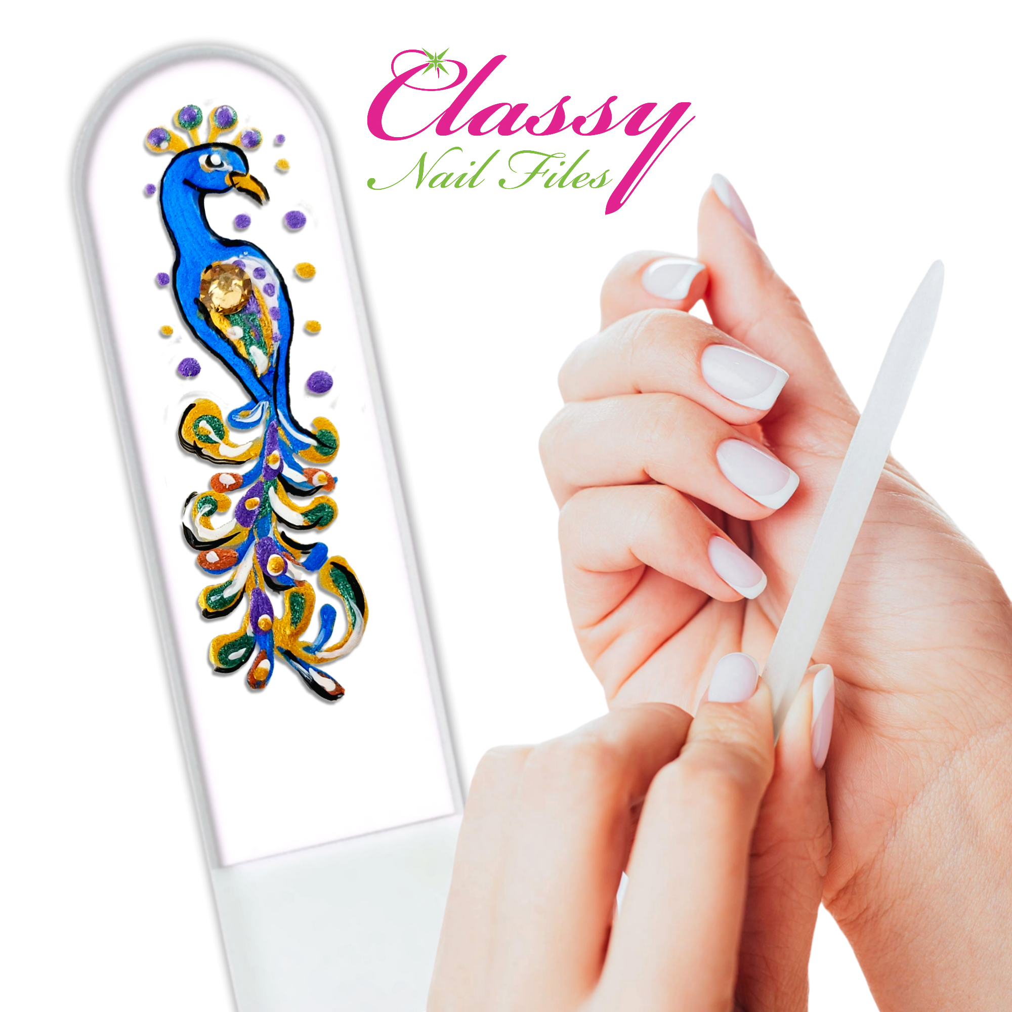 Classy Nail Files - Wholesale Nail File - Peacock Bird Swarovski Gem Hand Painted Crystal Nail File5