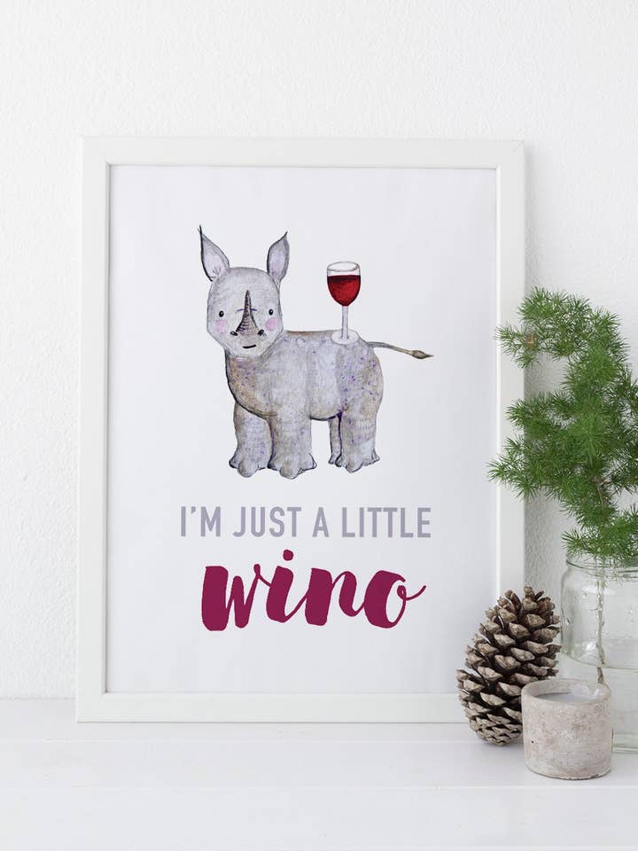 Black Rhino Print / Wino - Rhinos, EcoFriendly, Eco, Green, Recycled, Gives Back, Wildlife Conservation, Wine, Red Wine, Wino, Wine Lover for wholesale by Red and Wolf Paper Company