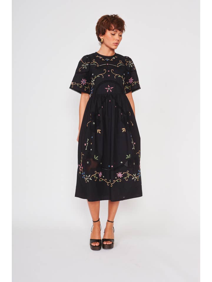 BLACK EMBROIDERY PALM DRESS - DS1677A for wholesale on Faire2