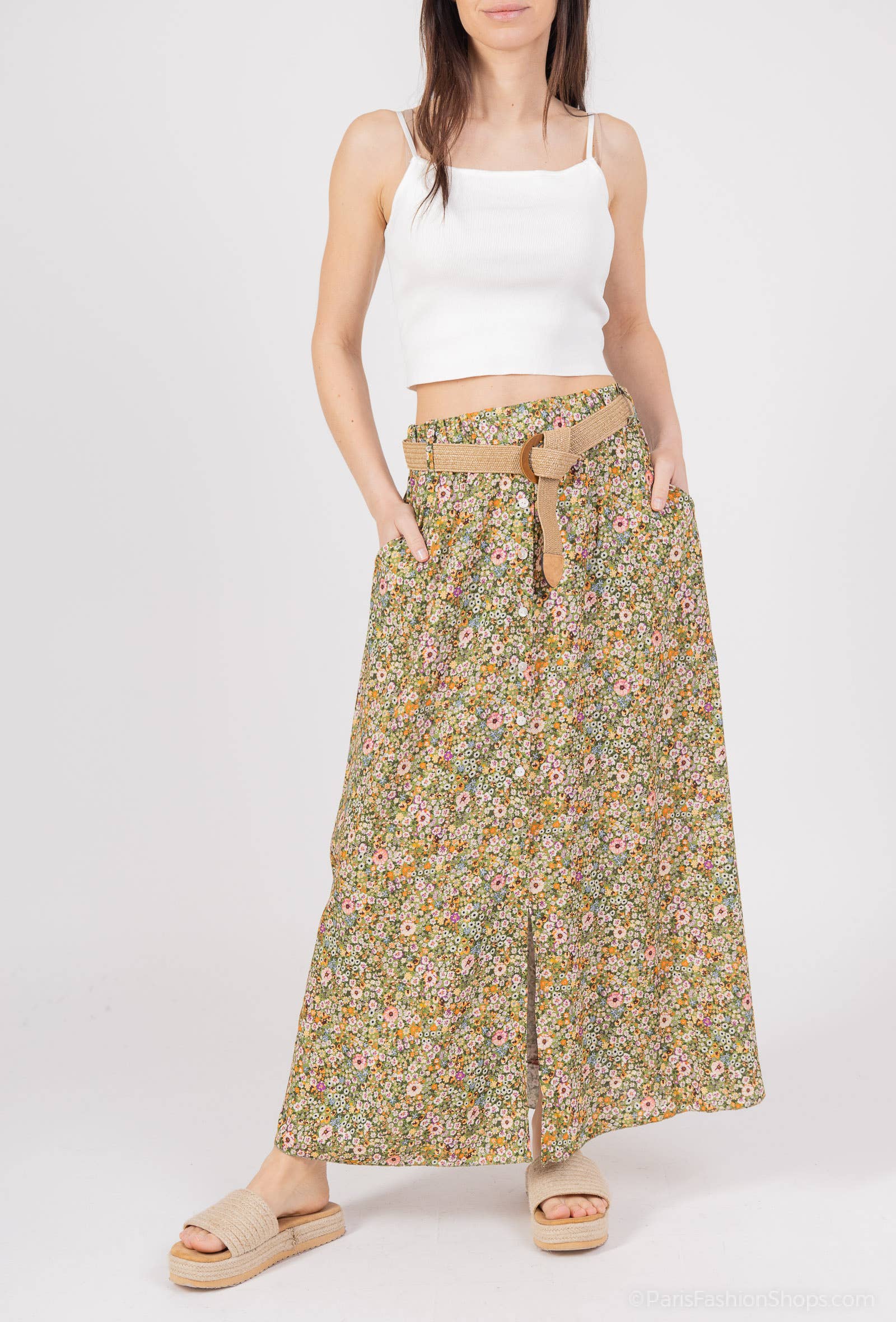 Mimi & Gogo - Wholesale Skirt - Women's - Floral Buttoned Long Skirt with Belt @3995_JuBoutCeinture8