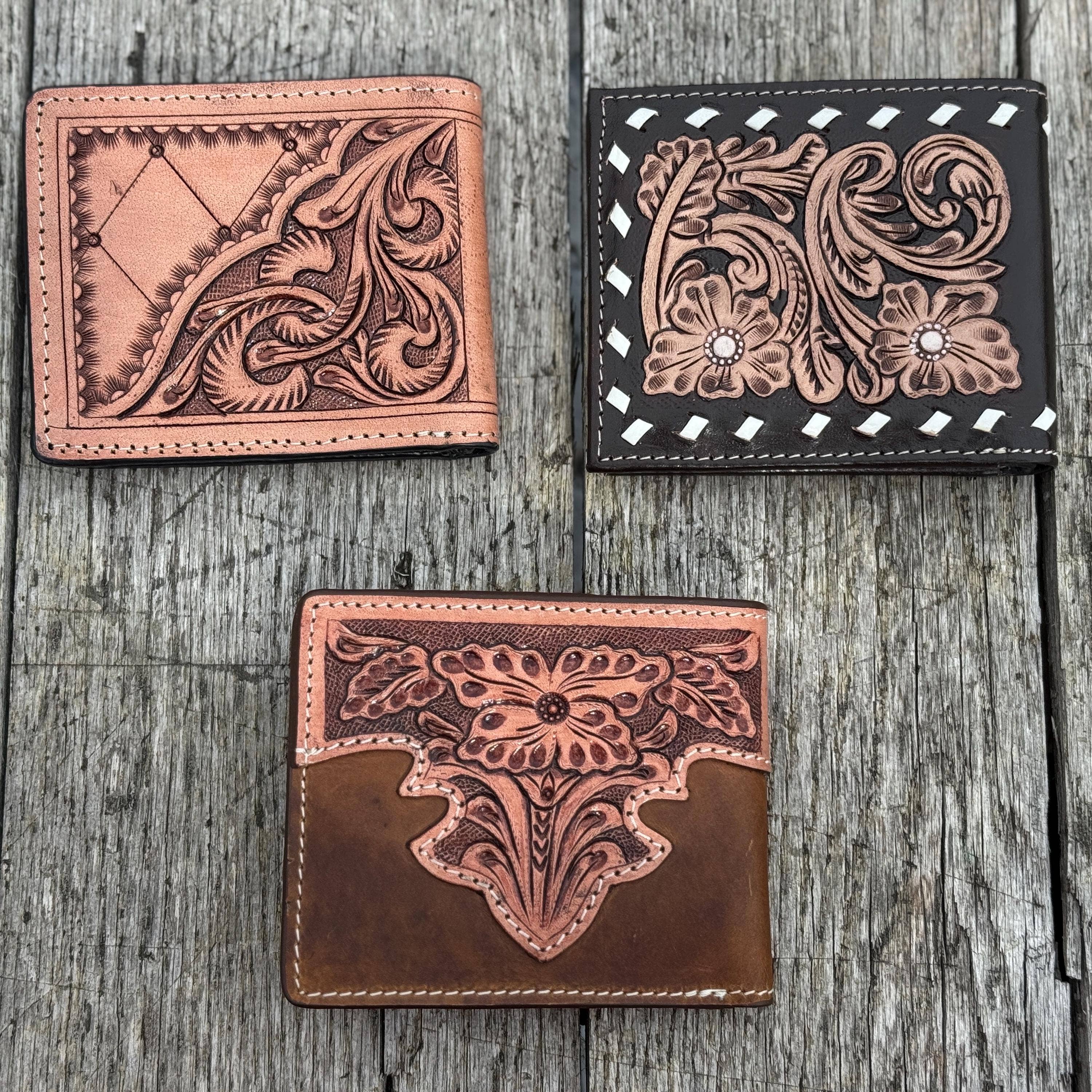 Double B Wild Rags - Wholesale Wallet - Men's - Men’s Western bi-fold wallet tooled floral Cow Skull Aces Cards details by Double B Wild Rags8