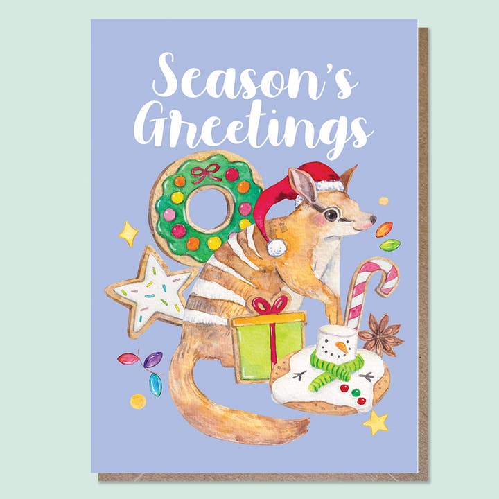 Numbat - Australian animals and food Christmas card for wholesale by Watercolour By Cat