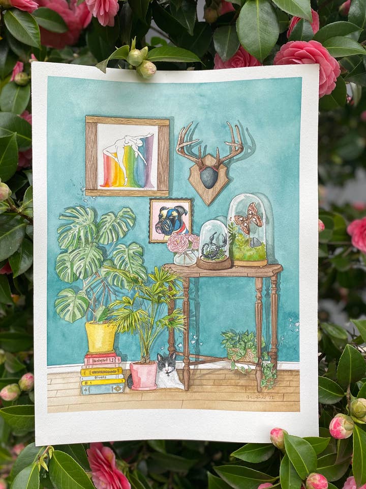 Scène de la salle des curiosités, des livres et des plantes pour la vente par Fabled Green