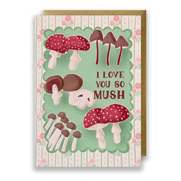 Mushrooms & Floral Valentine's Card - I Love You so Mush for wholesale by Jessie Maeve Studio