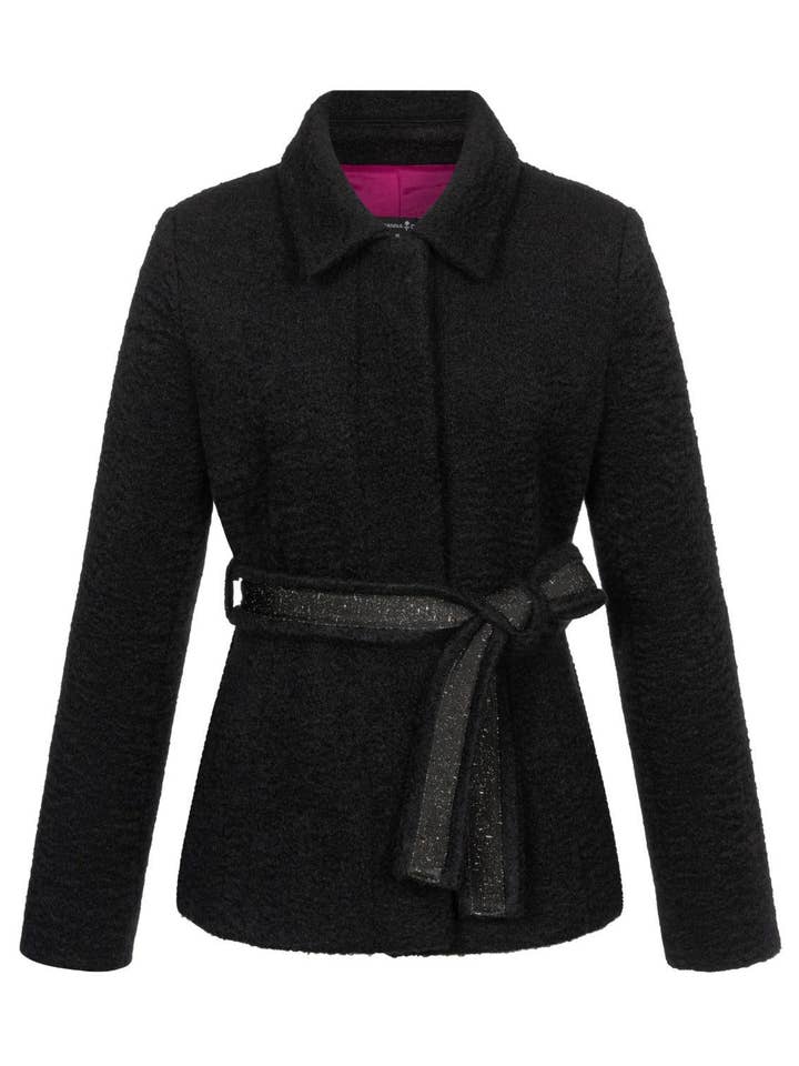 Black bouclé jacket with tie belt for wholesale by Marianna Déri GmbH