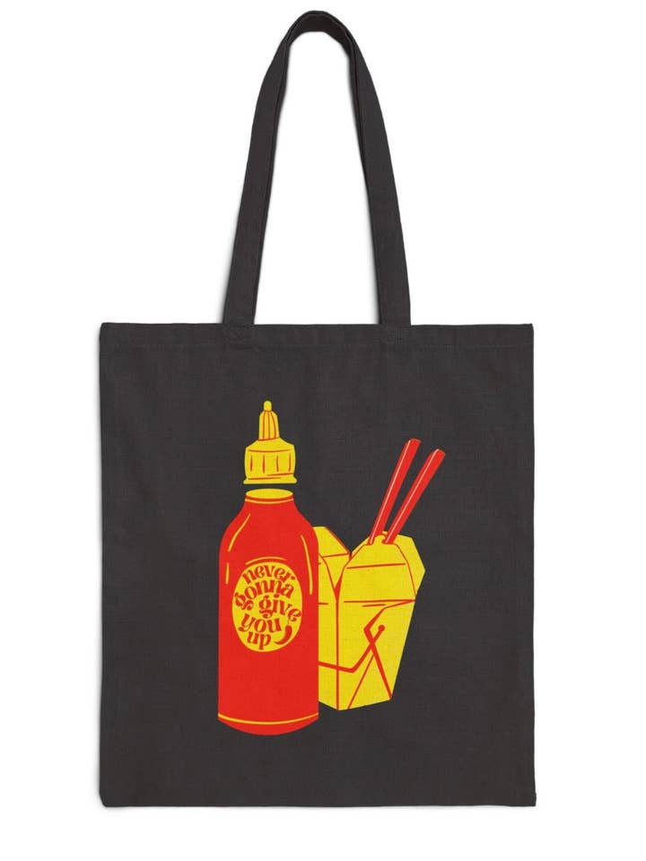 Funny 80s Retro Rock Sriracha Hot Sauce Theme Tote Bag for wholesale by Heyday Press