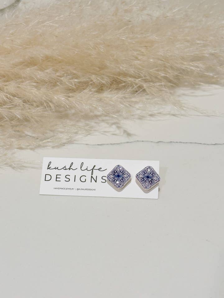 CLAY EARRINGS | Indigo Tile Dangles for wholesale by Kush Life Designs