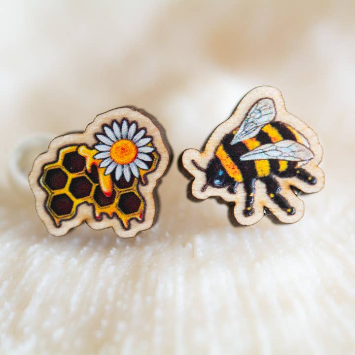 Honey Bees Wooden Earrings, Titanium Earring Studs for wholesale by The Slug And Kraken