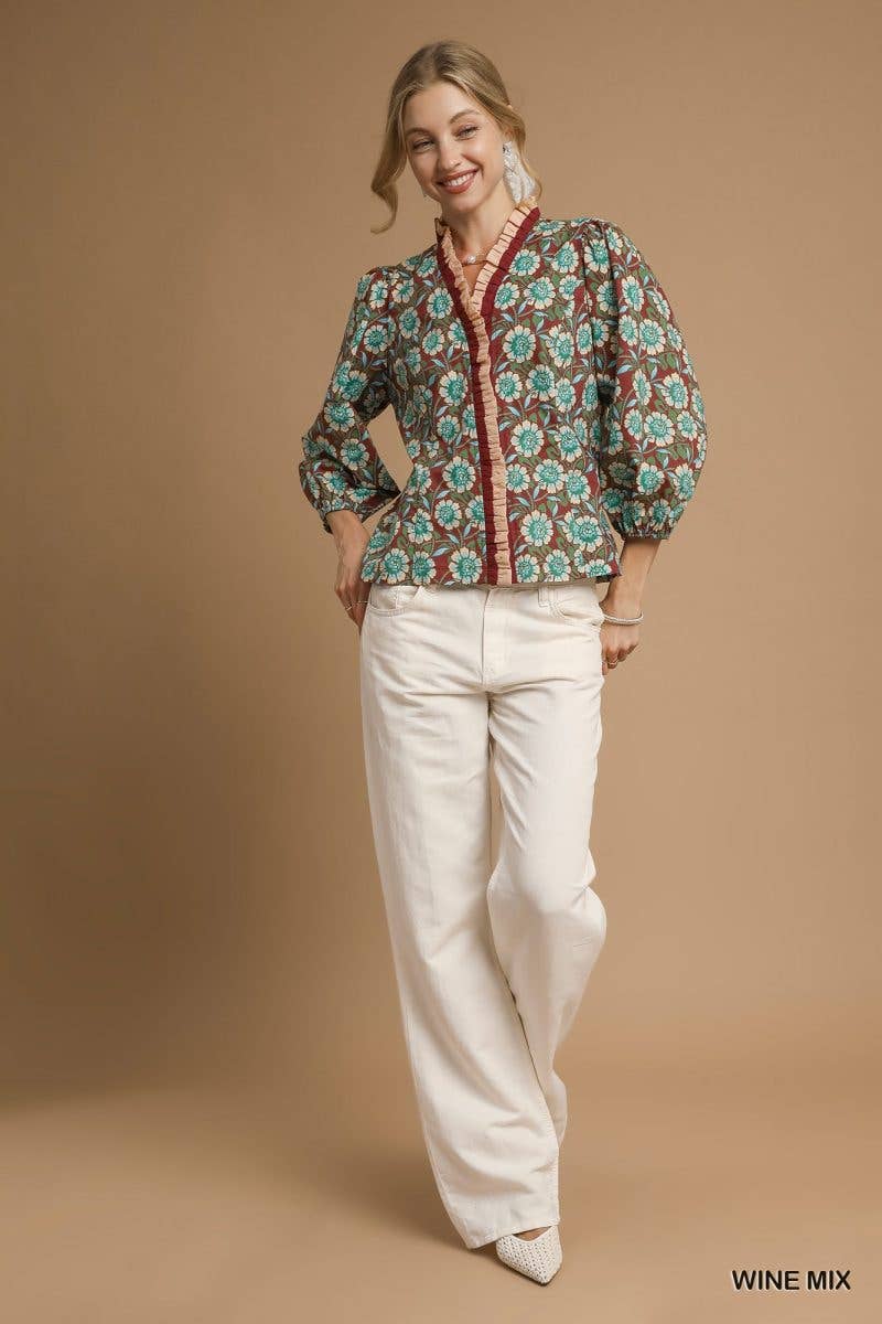 Vanilla Monkey - Wholesale Blouse - Women's - Floral Ruffle Trim Blouse With 3/4 Sleeves4