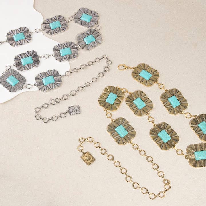 Collections by Fame Accessories - Wholesale Belt - Women's - Large Rectangle Stone Concho Chain Belt