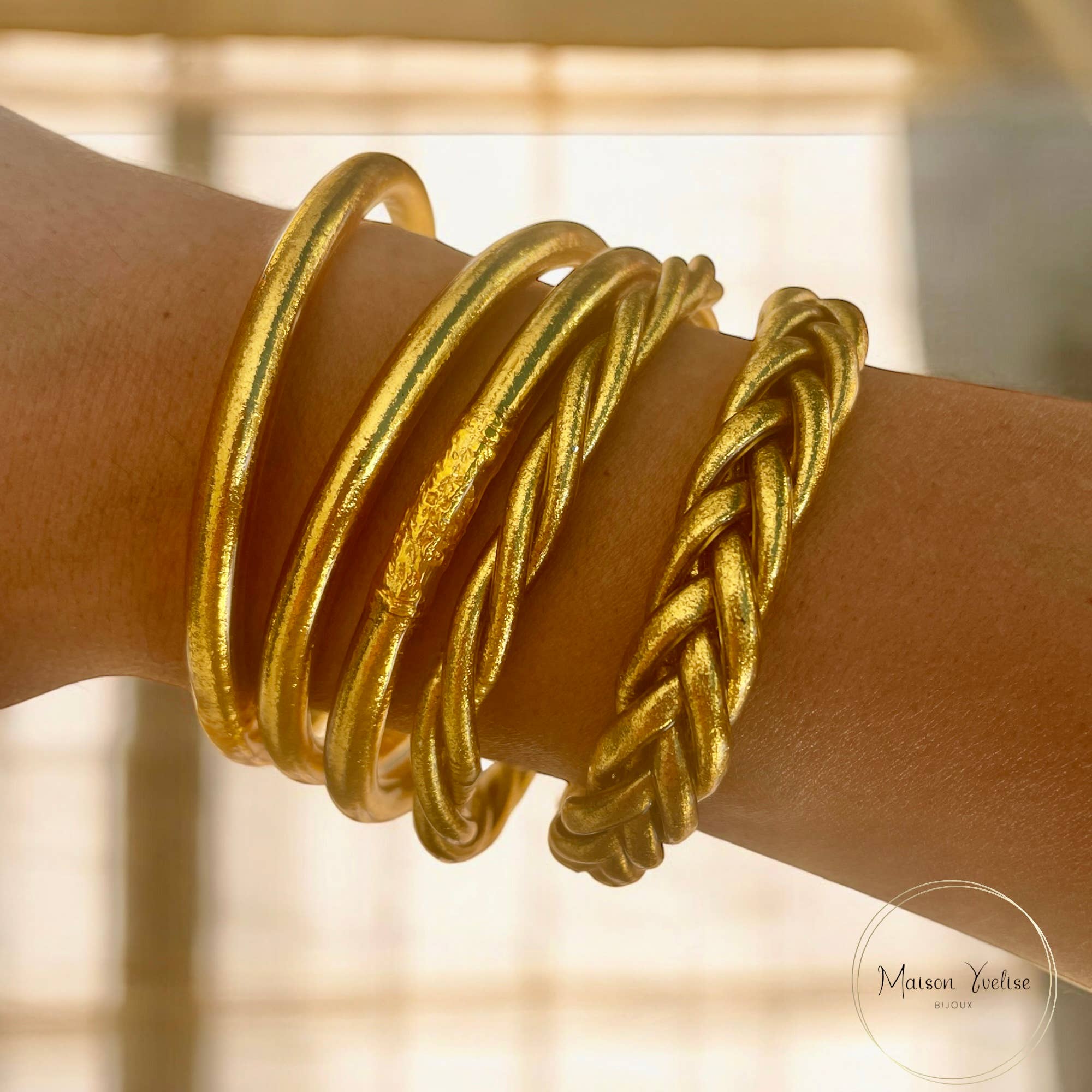 Maison Yvelise - Vente Bracelet jonc - Bracelet Bouddhiste Jonc Thaïlandais Doré à la feuille d'or1
