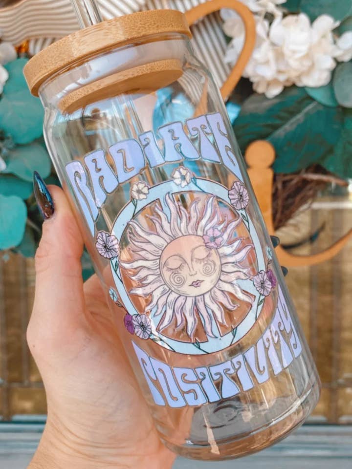 20 oz Glass Can - Radiate Positivity Cup, Libbey Glass for wholesale by Laila M and Co