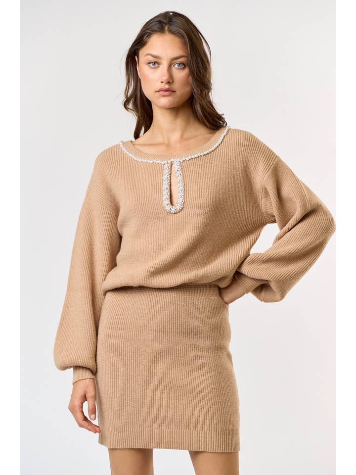 TAUPE ILD4191Â PEARL DETAIL BALLOON SLEEVE SWEATER MINI DRESS for wholesale on Faire