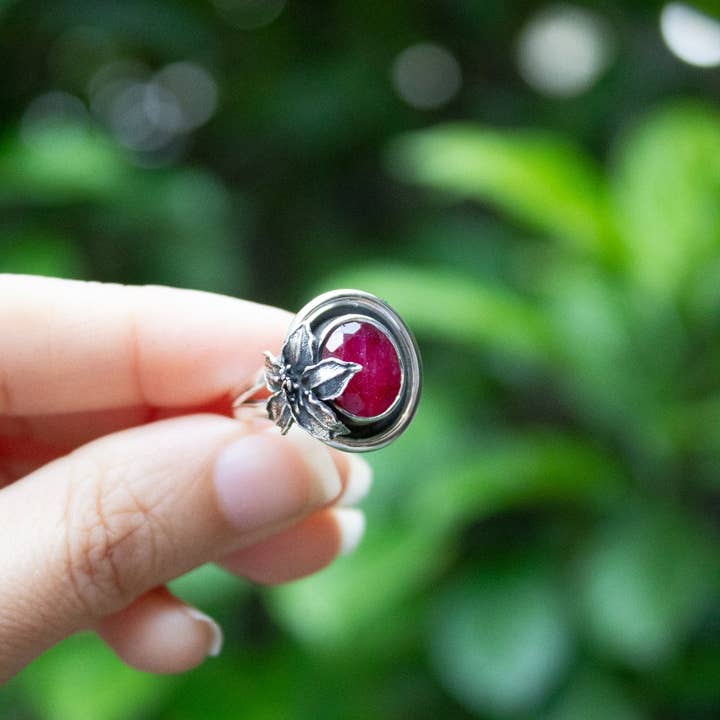 Ambra Jewels - Wholesale Cocktail/statement ring - Petal of Dawn – Ruby Botanical Ring, AR-76343