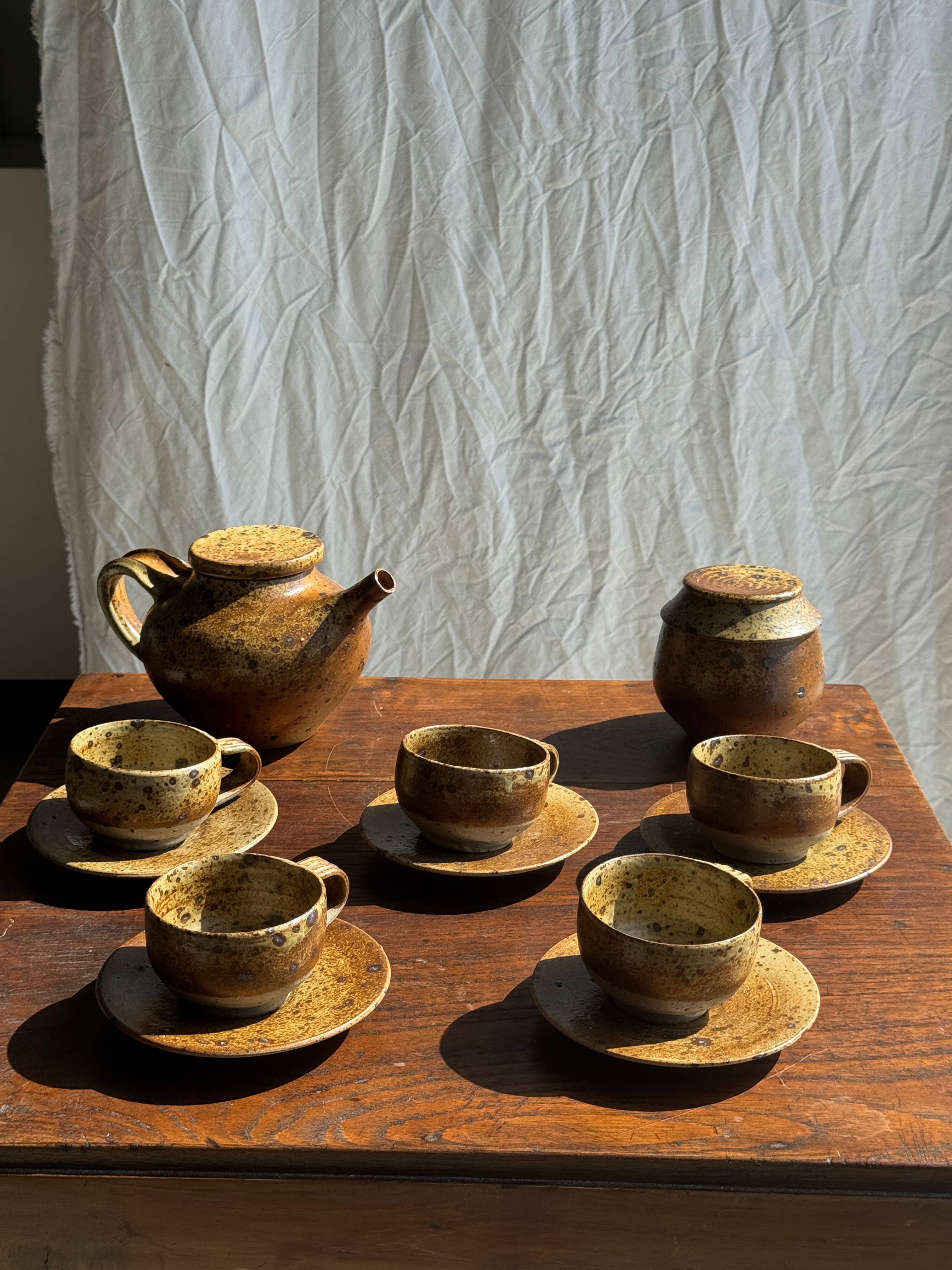 brown Small stoneware tea set with teapot, cups, sugar bowl for wholesale on Faire21