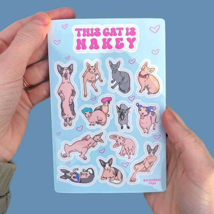 Foglio di adesivi impermeabili divertenti per gatti Sphynx per la vendita all'ingrosso da parte di Scrambled Pegs