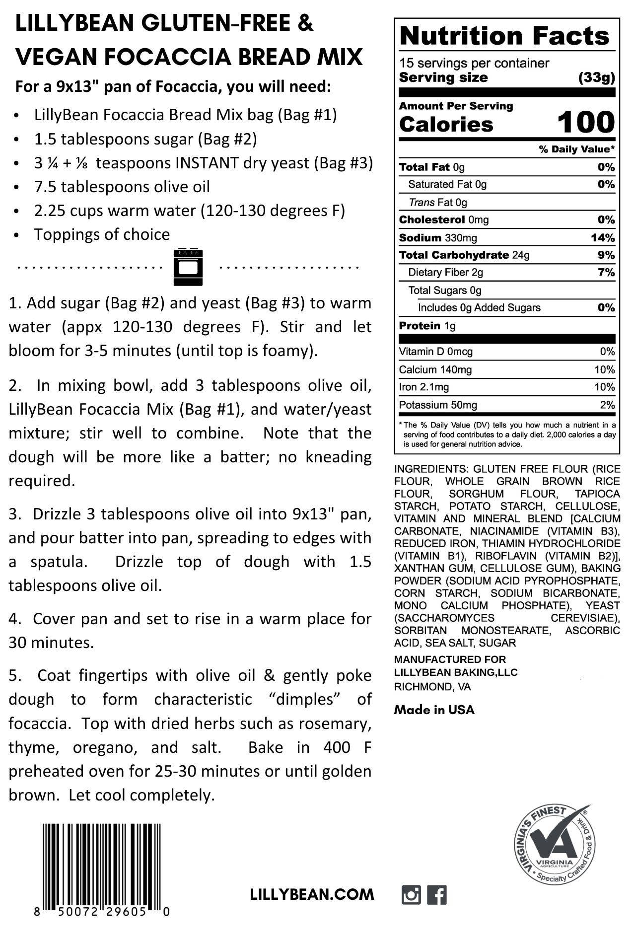 LillyBean Baking – Engroshandel Brødblanding – Focaccia Brødmix (Vegansk & Glutenfri)1