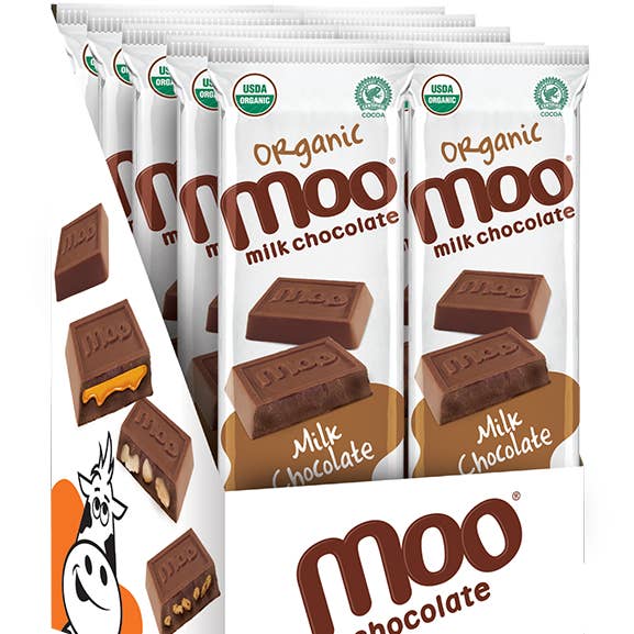 MOO Organic Chocolates - Wholesale Chocolate Bar - Organic Solid Milk Chocolate Large Bar,  1.4 oz1