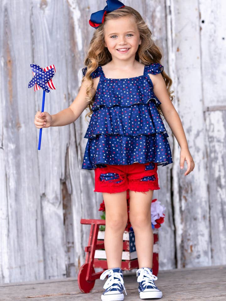 Navy Star Spangled Diva Patched Denim Short Set for wholesale on Faire1