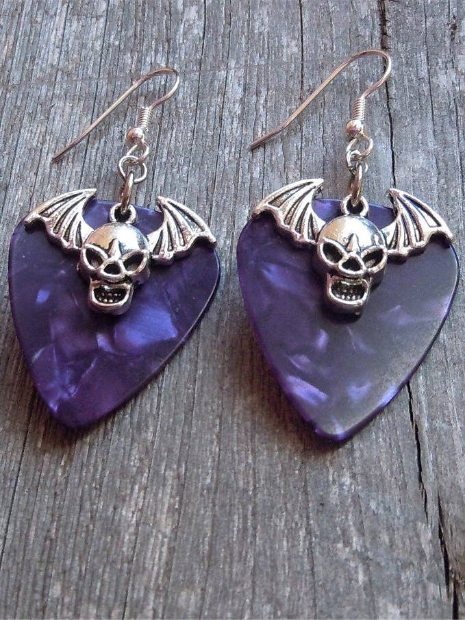 Bat Skull Charm Guitar Pick Earrings for wholesale by Simply Raevyn
