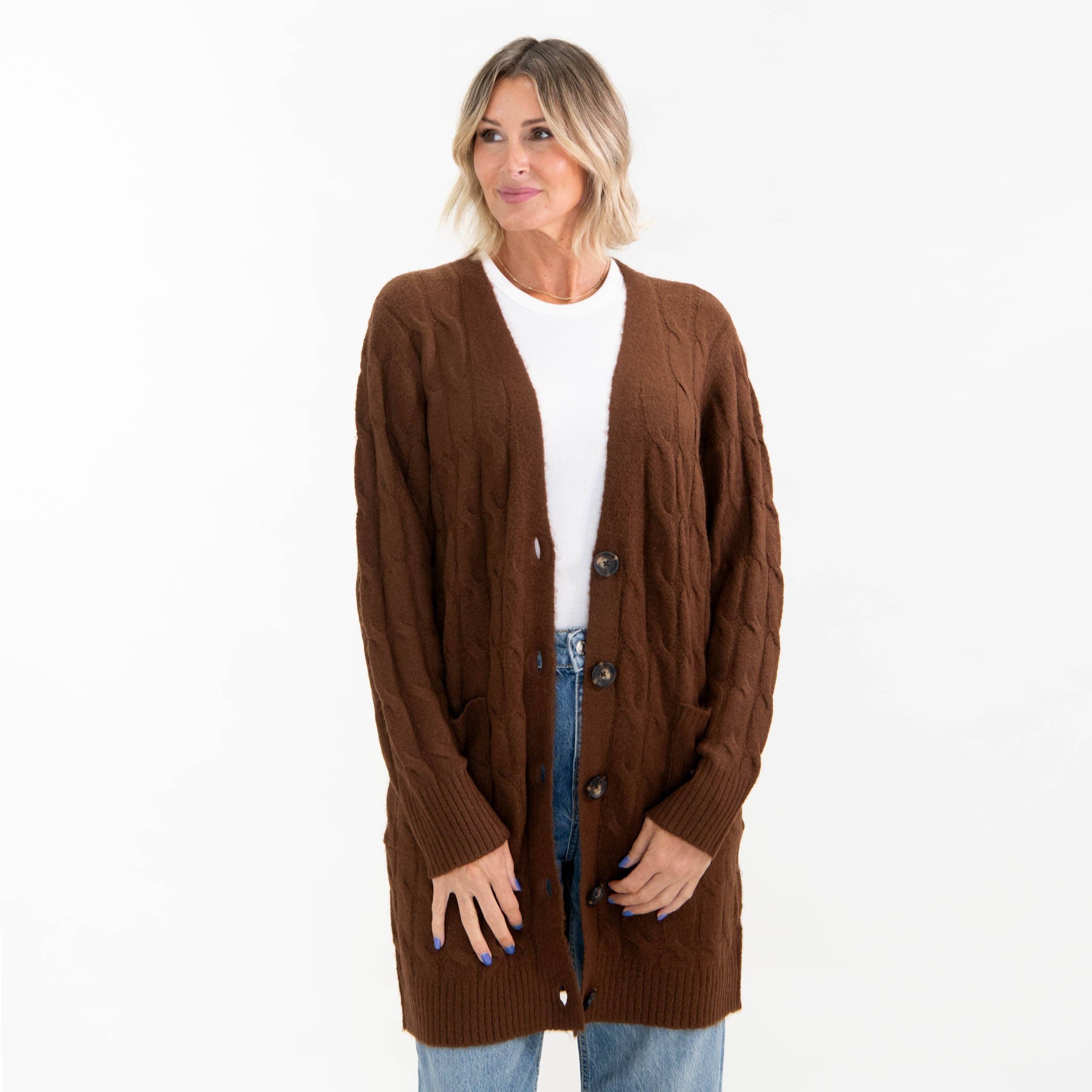 Brown Blessed Cable Knit Cardigan for wholesale on Faire5