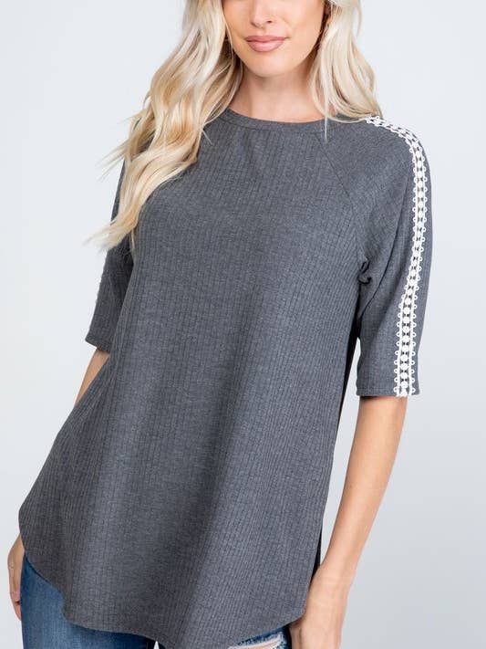Rib Fabric With Crochet Lace Trim Top - Plus Body Size for wholesale by Rose Mellow Fashion